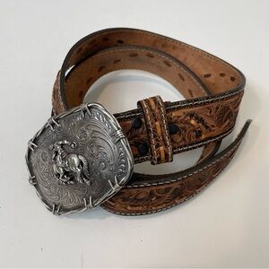 Embossed Feather & Acorn Leather Belt Western Silver Buckle Bronc Rider Medium